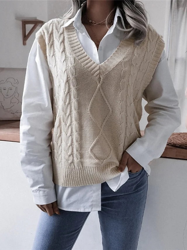 Women's Sweater Vest Jumper Cable Knit Knitted Pure Color V Neck Stylish Casual Outdoor Daily Winter Fall Beige Coffee S M L / Sleeveless | IFYHOME