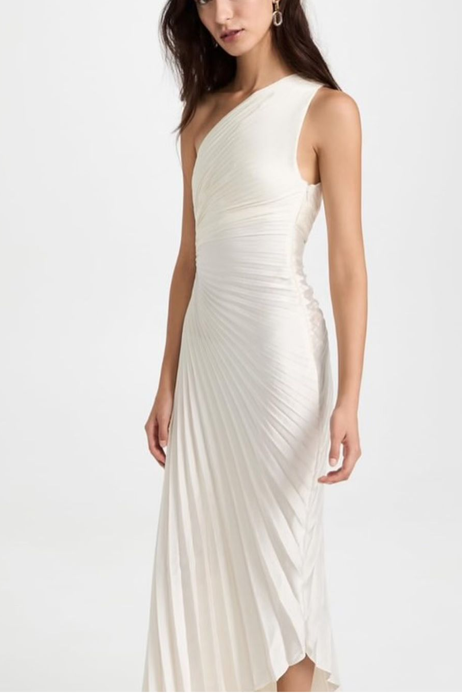 Lvs&Broner Shinning White One Shoulder Sleeveless Long Prom Dress With Pleated 