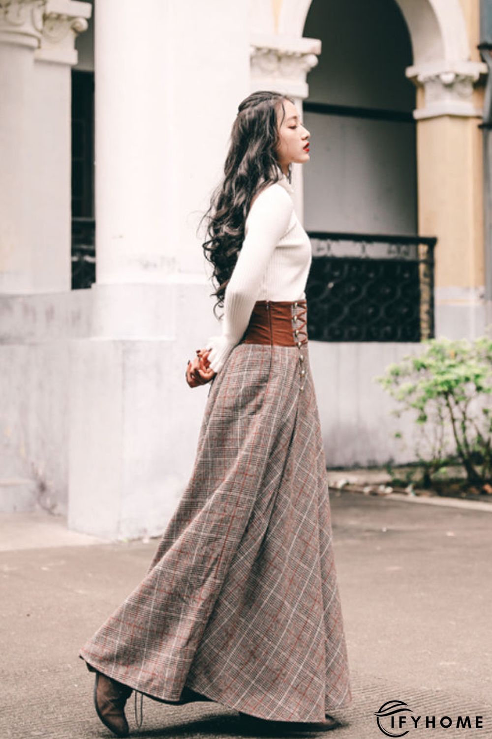 Women Checkered Skirts Vintage High Waisted Button Long Maxi Cotton-Blend Drawstring Skirts | IFYHOME