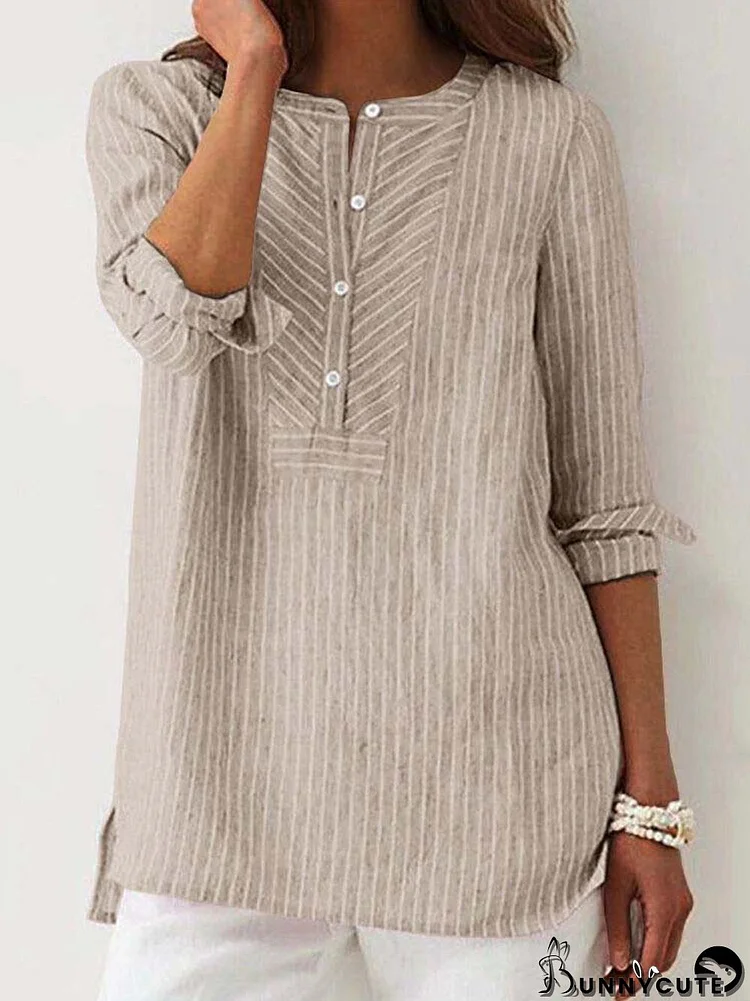 Women Striped Half Button High-Low Hem Cotton Blouse