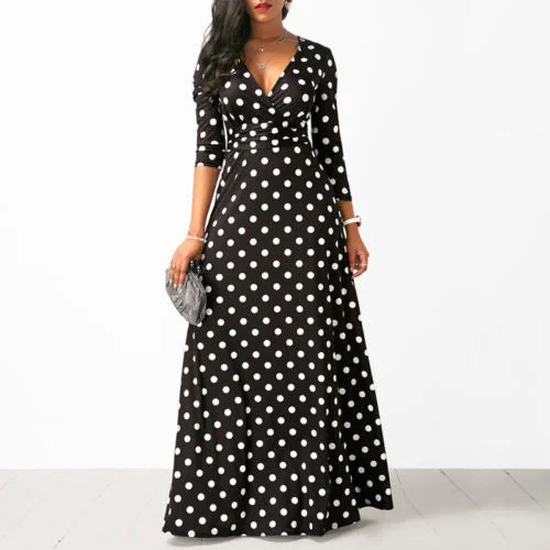 Women Polka Dot Long Sleeve Boho Dress Elegant Vintage Women Dresses Evening Party V Neck Maxi Long Dress Fashion Ladies Dresses