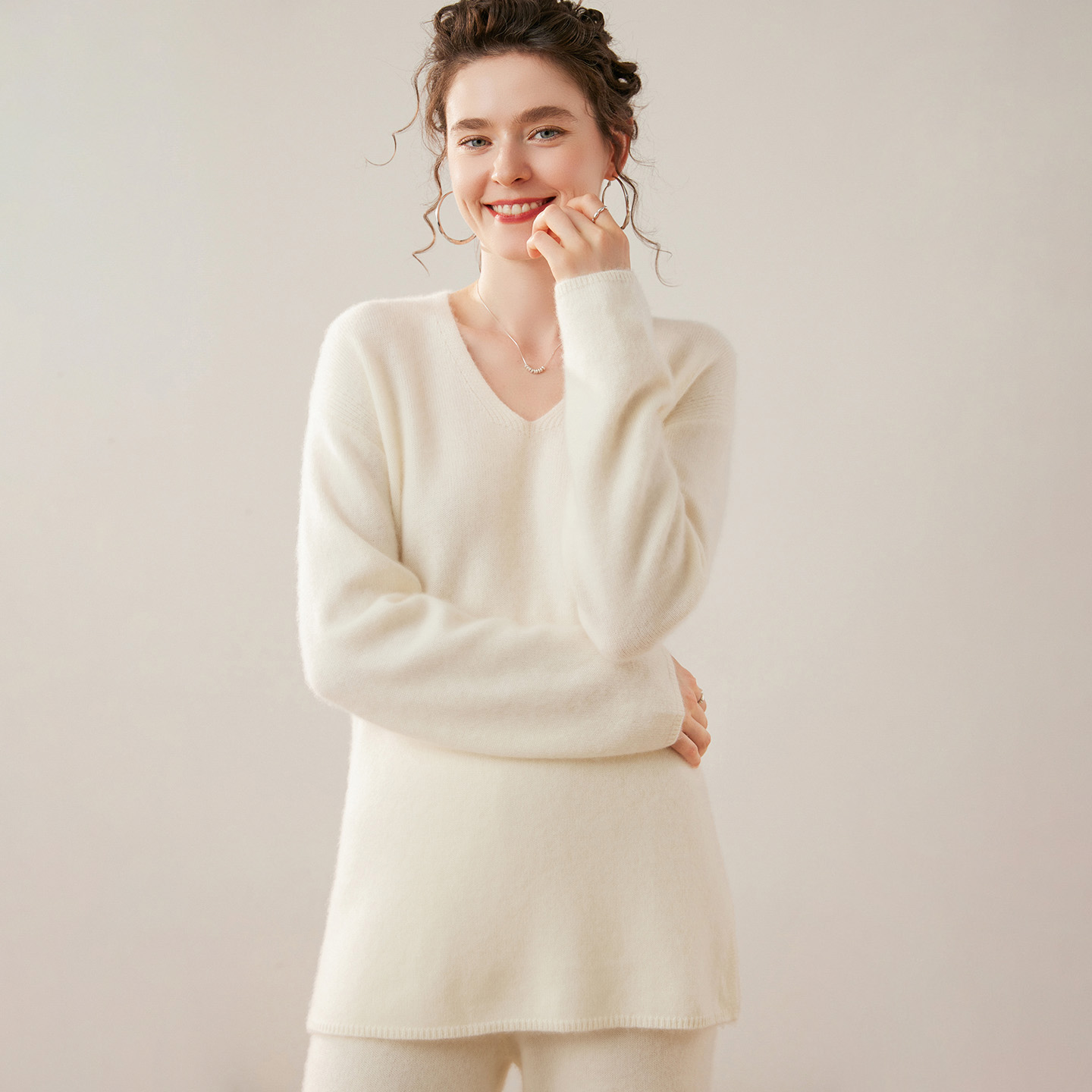 Women's Cashmere Set V-Neck Sweater & Wide-Leg Pants REAL SILK LIFE