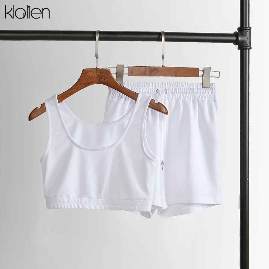 KLALIEN Fashion Casual Soft Cotton Stretch Slim Women Two Piece Set Summer Simple Solid Club Street Home Wear Top and Shorts Set