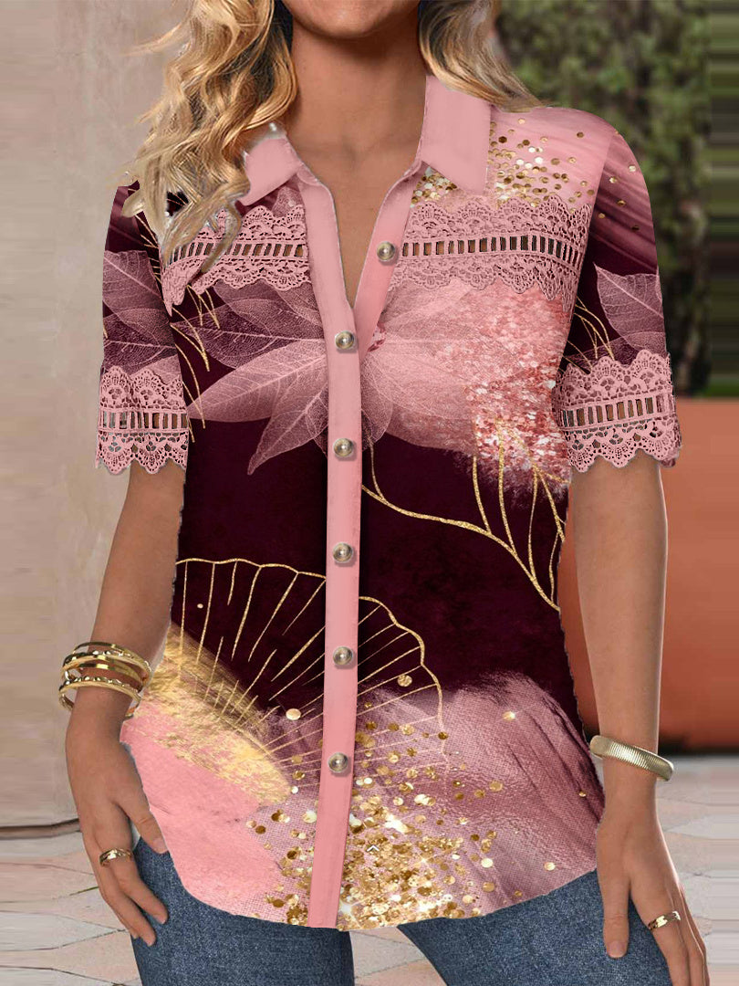 Women's Short Sleeve V-neck Lace Stitching Hollow Graphic Top