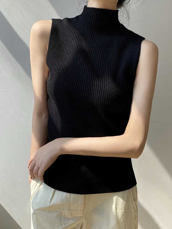 Solid Color Sleeveless Skinny High-Neck Vest Top Knitwear