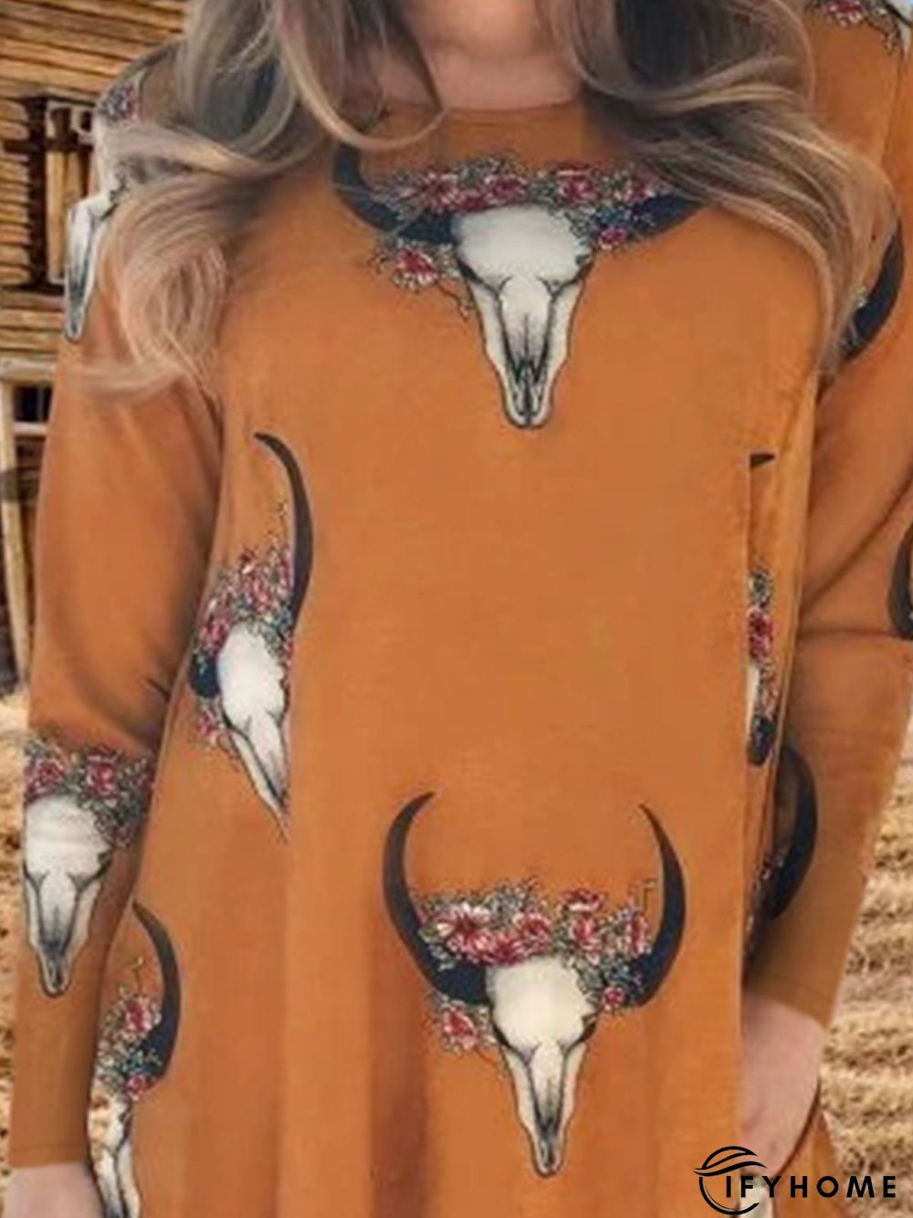 Boho Long Sleeve Cow Printed Casual Knitting Tunic Dress | IFYHOME