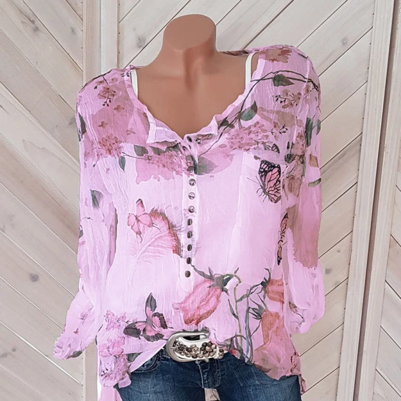 V-neck button long sleeve printed chiffon top