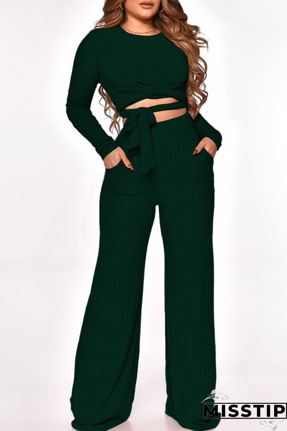 Army Green Fashion Casual Solid Bandage O Neck Long Sleeve Two Pieces