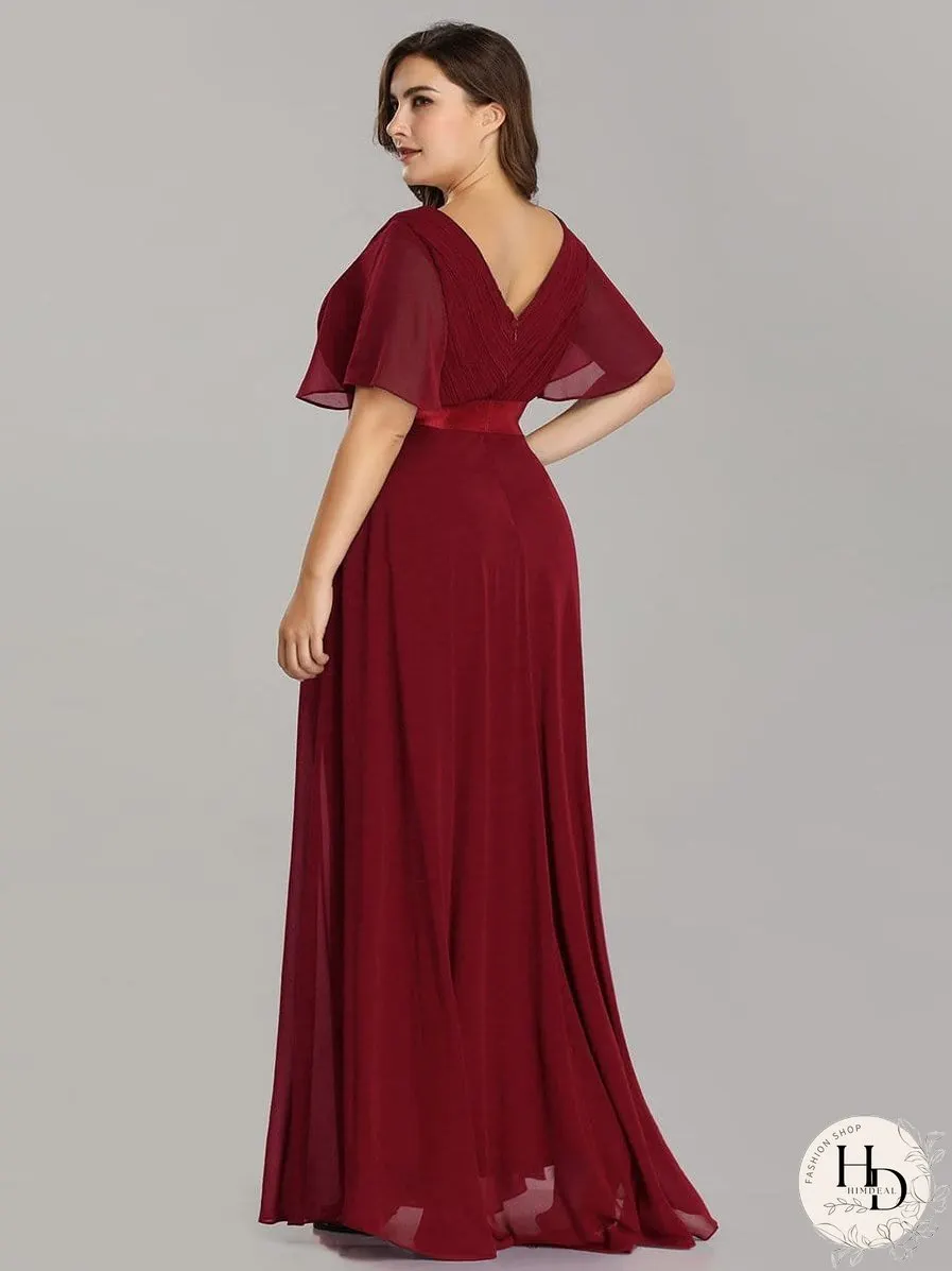 Elegant Double V-Neck Ruffled Padded Evening Gowns