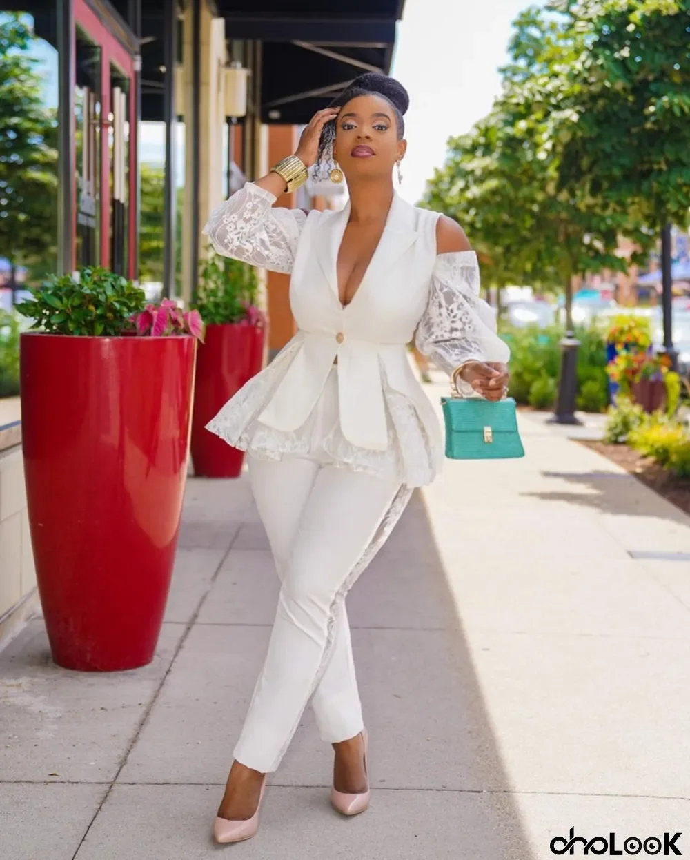 Fall Elegant White Ruffles Lace Cut Out Shoulder Long Sleeve Blazer And Pant Set