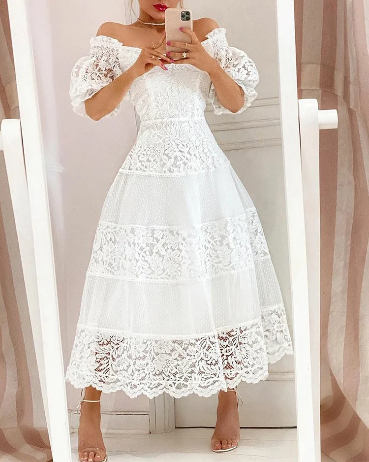 Lace Stitching Puff Sleeve Elegant Dress