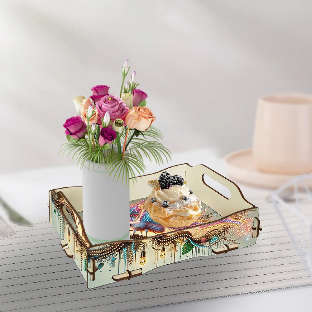 5D DIY Insect Diamond Painting Wooden Serving Tray with Handle for Coffee Table
