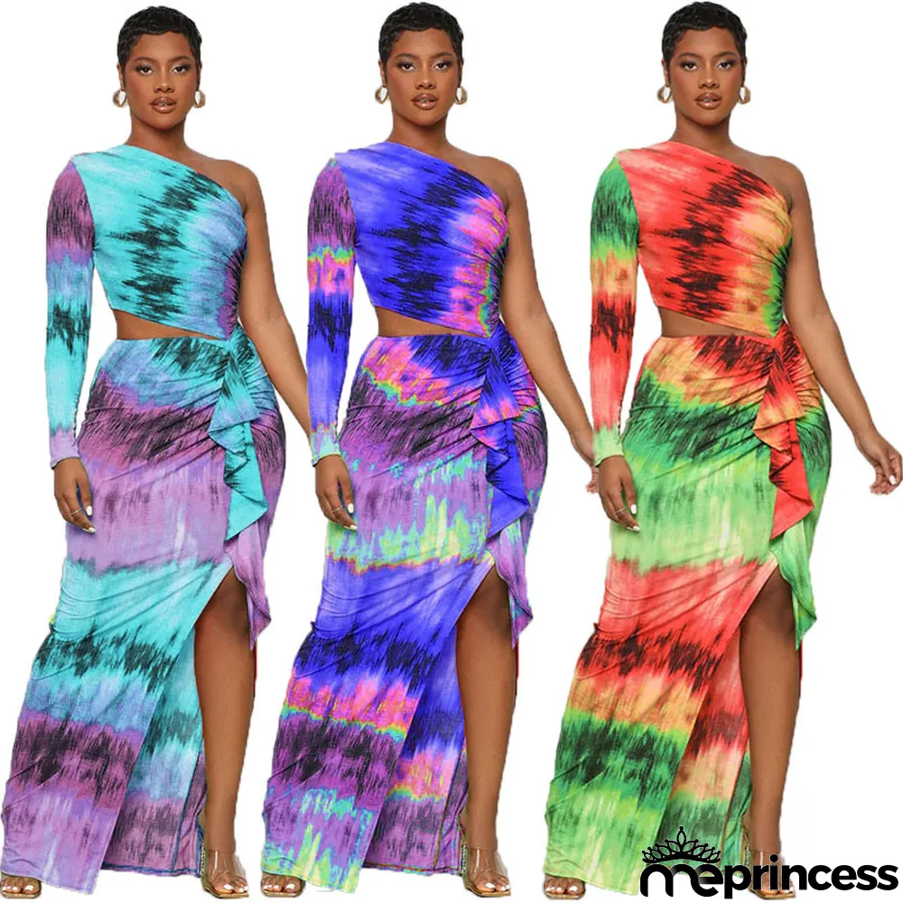 Sexy Diagonal Shoulder Hollow Out Print Split Dress