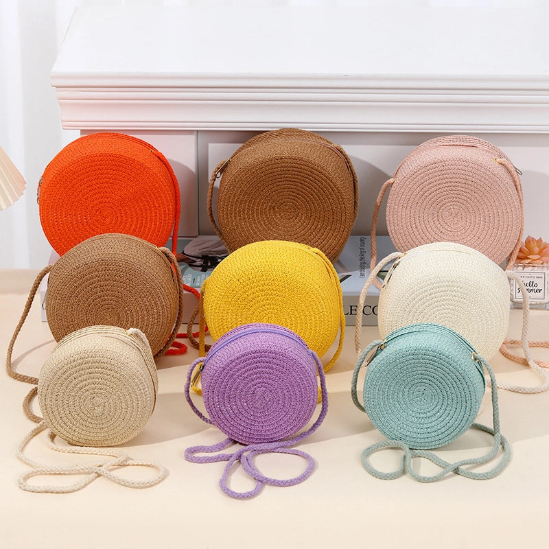 Girl’S Straw Solid Color Cute Round Zipper Shoulder Bag