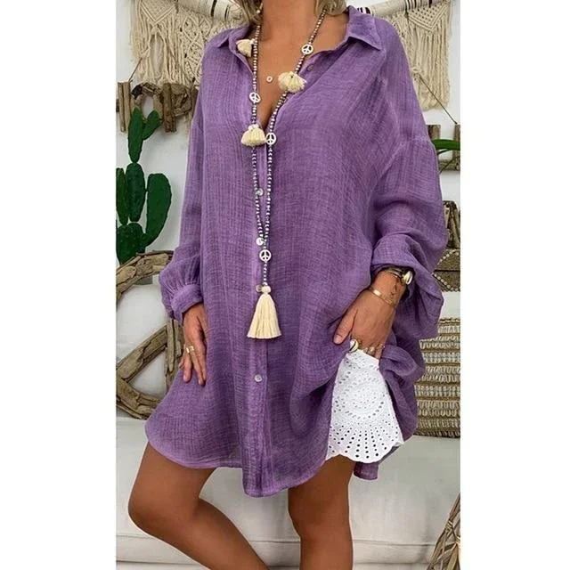 Women's Cotton Linen Plus Size Long Sleeve Turn Down Collar Tunic Button Thin Shirts Casual Blouse Tops Linen | IFYHOME