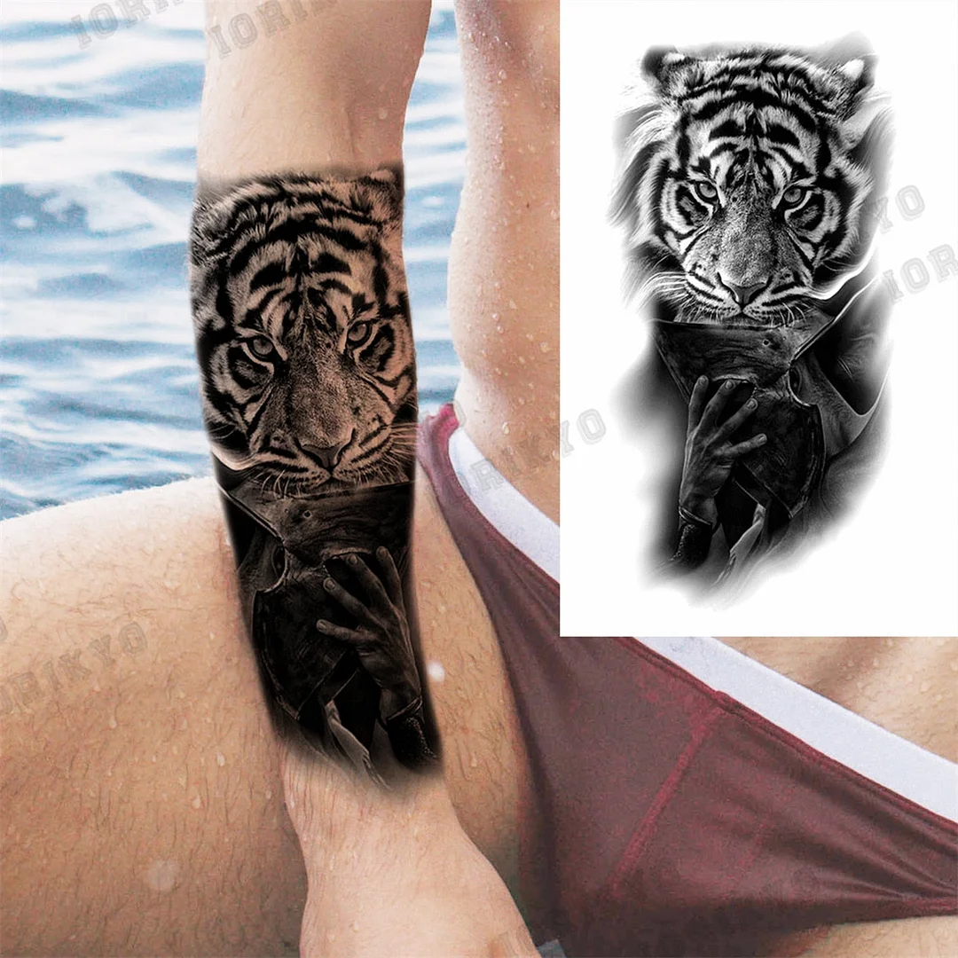 Black Lion Wolf Temporary Tattoos For Men Adult Forest Rose Compass Warrior Fake Tattoo Washable Body Art Painting Tatoo Sticker