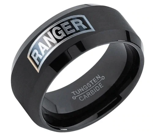 6MM 8MM Women's Or Men's U.S. Army Ranger Black Tungsten Carbide Wedding Rings Military Silver with Black Edges and Laser Etched United States Army Ranger Emblem