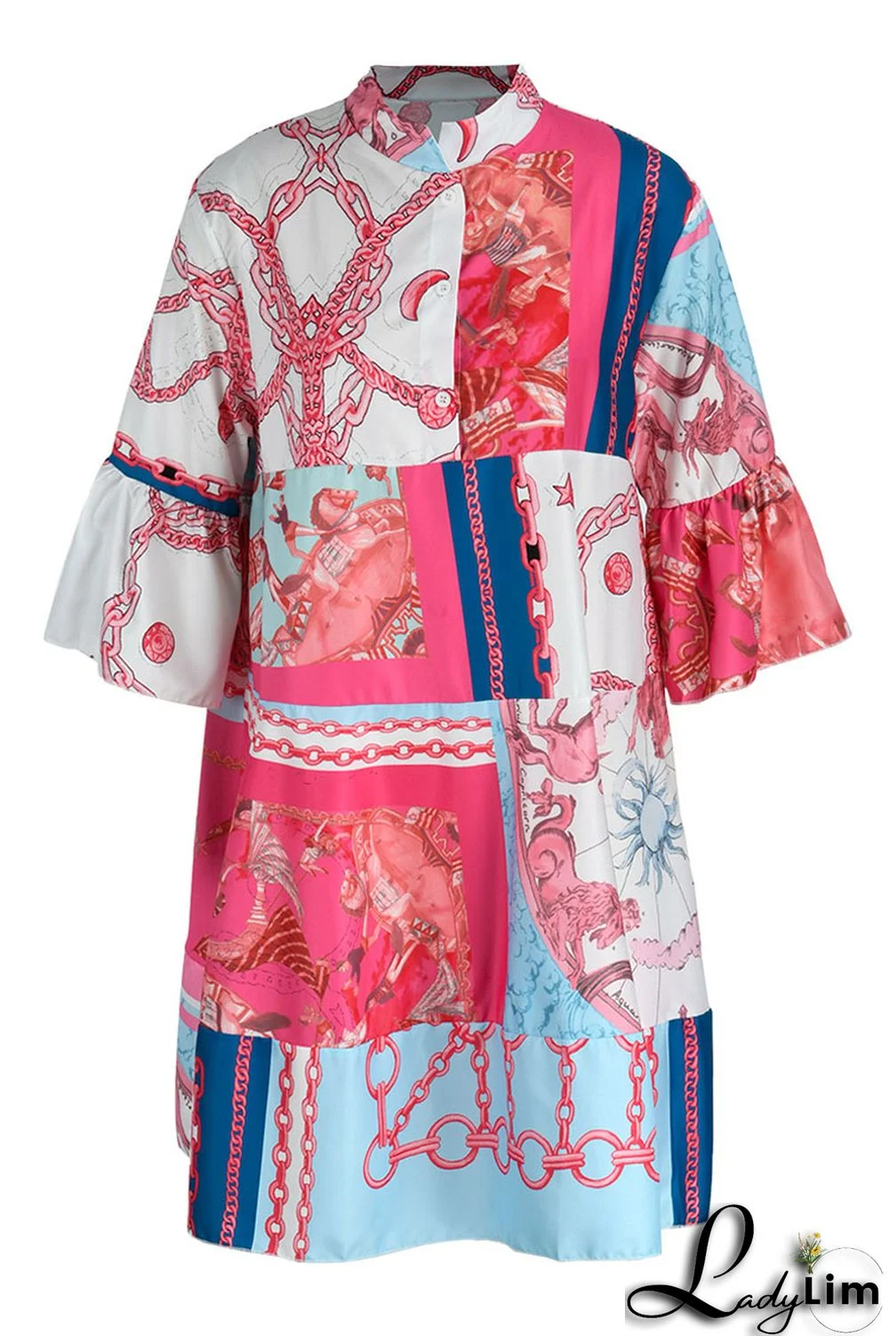 Gold Fashion Casual Print Patchwork V Neck A Line Dresses