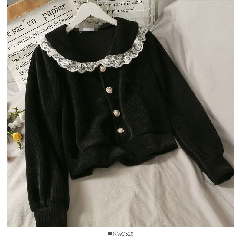 Lace-Trim Peter Pan Collar Pearl Button Corduroy Long-Sleeve Shirt YP776