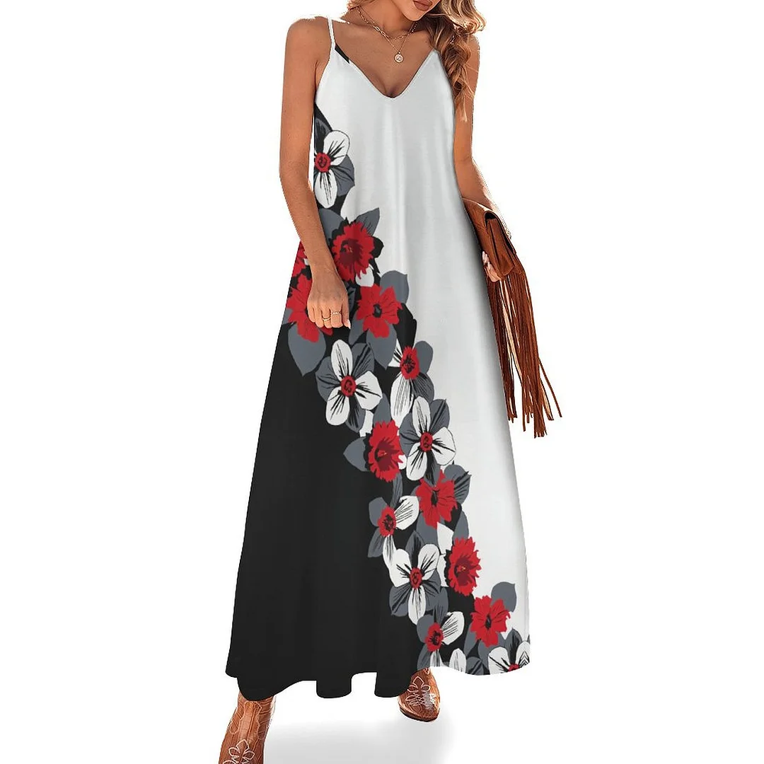 Style & Comfort for Mature Women Plus Size Printed Sling Casual Women Maxi Dress in Pattern Floral, Black, Red