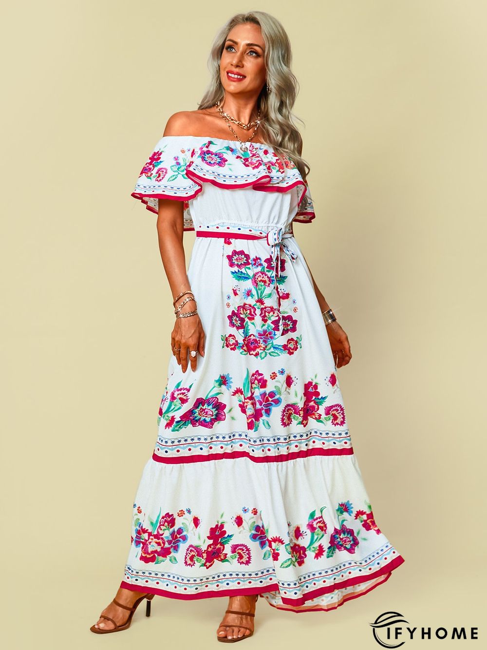 Off Shoulder Floral-Print Swing Cold Shoulder Weaving Dress | IFYHOME