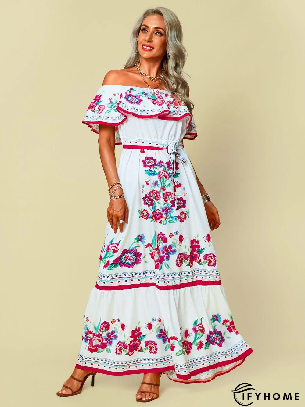 Off Shoulder Floral-Print Swing Cold Shoulder Weaving Dress | IFYHOME