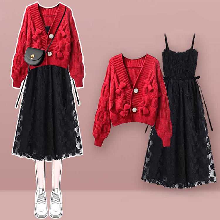 Bow Decor Cardigan Sweater Lace Slip Dress Two Pieces Set - Modakawa modakawa