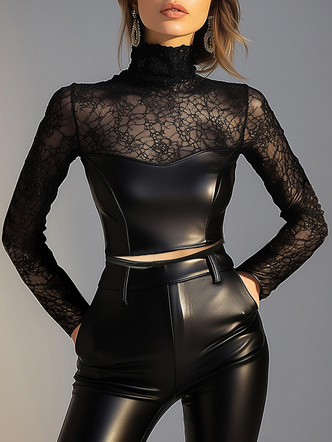 Ursime Lace Patchwork See-through High Neck PU Leather Blouse