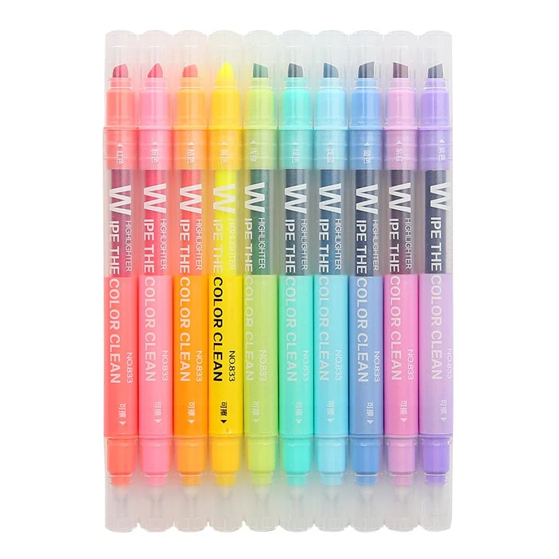 10Pcs/set Double Head Erasable Highlighter Pen Markers Chisel Tip Marker Fluorescent School Writing Highlighters Color Cute