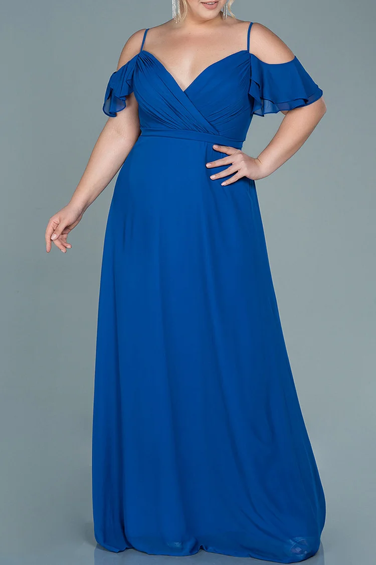 Flycurvy Plus Size Mother Of The Bride Royal Blue Chiffon Cold Shoulder Ruffle Sleeve Pleated Maxi Dress  Flycurvy [product_label]