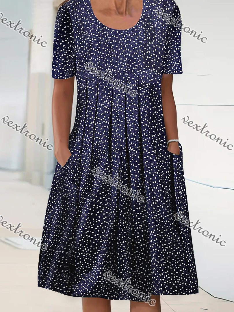 Women's Short Sleeve Scoop Neck Polka Dot Graphic Midi Dress