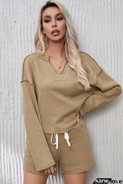 Notched Exposed Seam Top and Drawstring Shorts Set