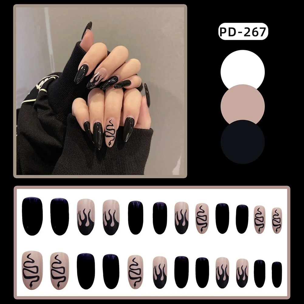 24pcs 4 Fire Patterns Design Cool Girls Hand Decorative False Nails with Glue Full Cover Detachable false nails with designs-Nail Inspo