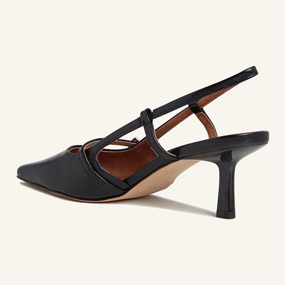 YDN Black Square Toe Buckle Strap Kitten Heel Slingback Pumps