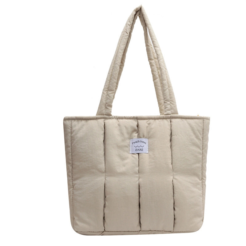 Cotton-filled Soft Waxy Tote Bag Female College Students Class Shoulder Bag Work Commuter Portable Large Bag Nylon Cloth Bag