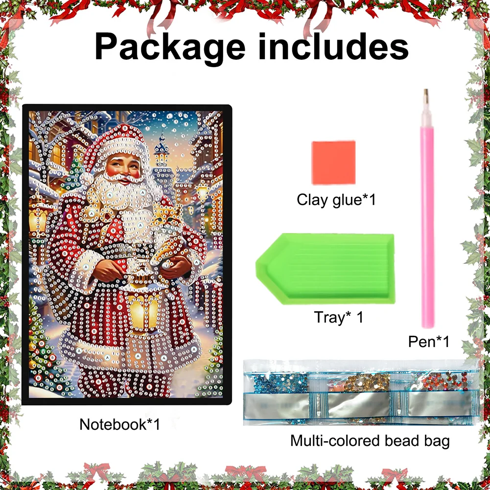 Santa Claus A5 Size Diamond Painting Notebook Set with 4Pcs Bookmark Gift