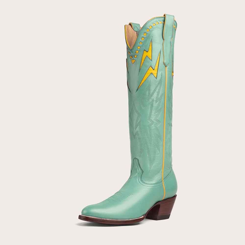 Light Green Round Toe Chunky Heel Wide Calf Knee High Cowgirl Boots Nicepairs