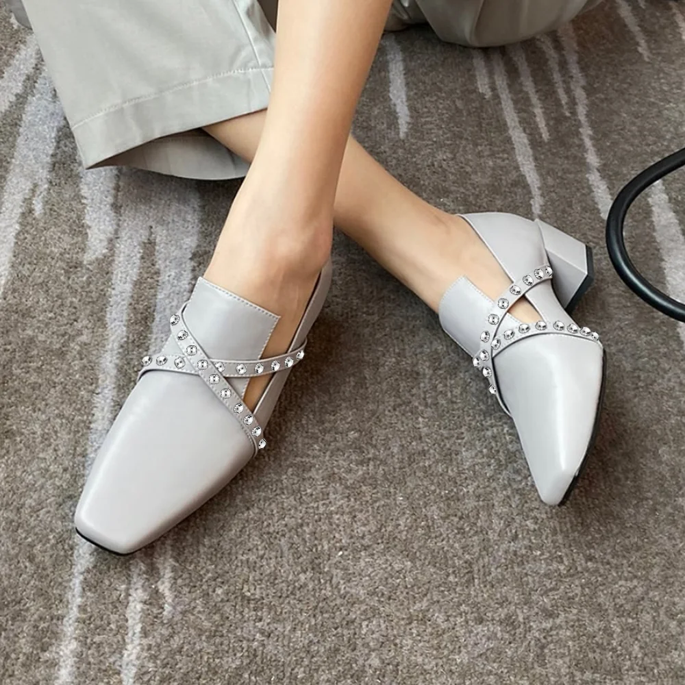 Pointy Toe Grey Leather Loafer Low Chunky Heel Loafers with Crystal Nicepairs