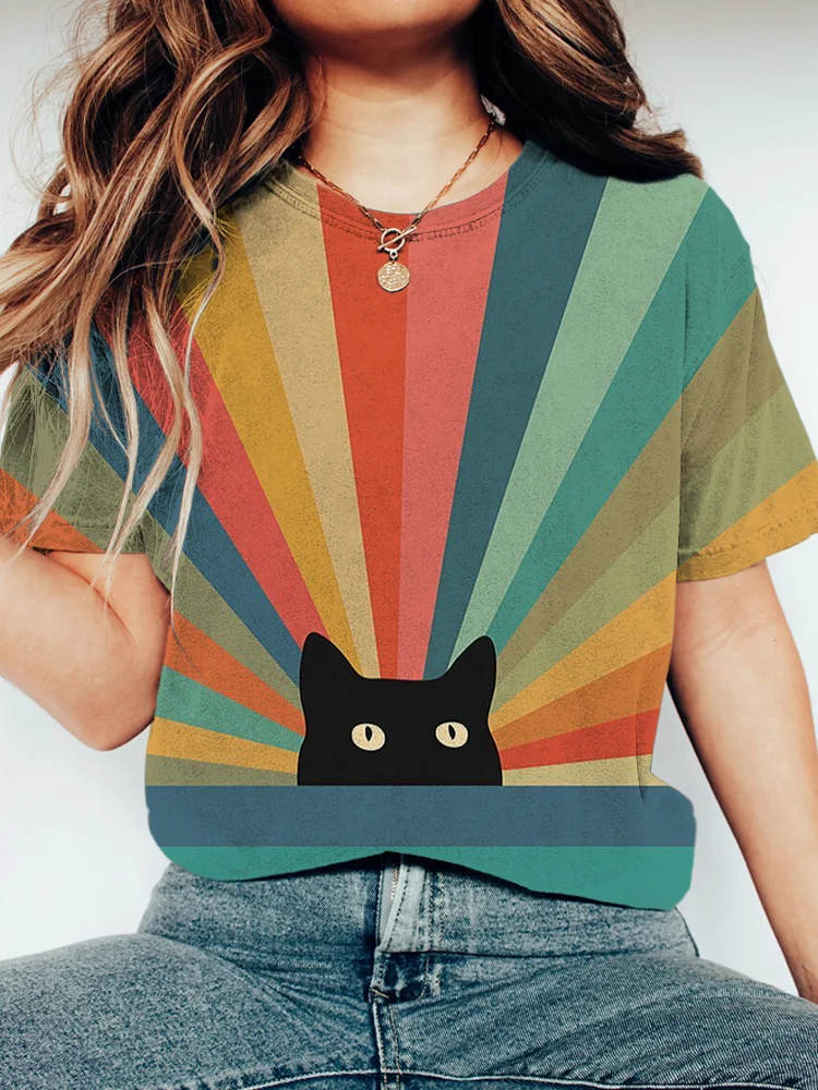 Rainbow Cat Print Washed Cotton T-Shirt