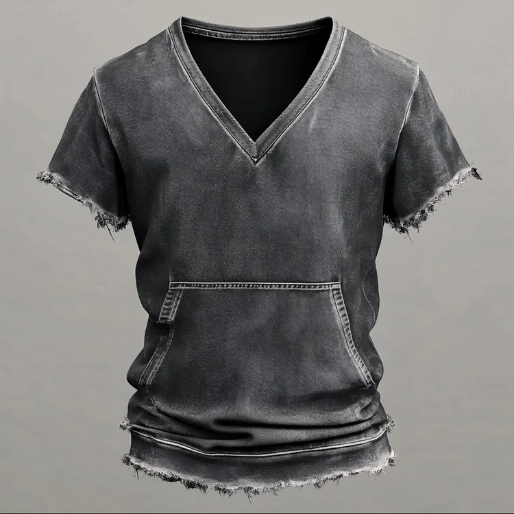 Men's V Neck Short Sleeve Kangaroo Pocket Raw Edge Denim T-Shirt