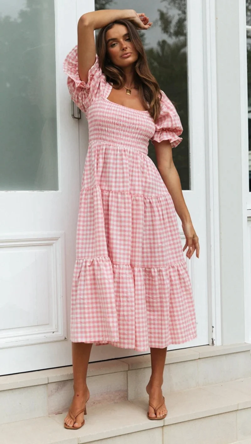 Plus Size Women Puff Square Neck Full-length Checked Plaid Dress Summer Holiday Maxi Dress Party Dress Vestidos