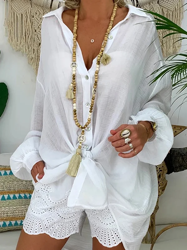 Vintage Long Sleeves Buttoned See-Through Solid Color Lapel Blouses&Shirts Tops