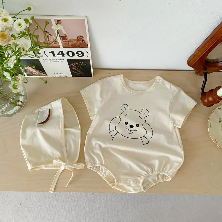 2pcs Baby Boy/Girl Bear Pattern Short Sleeve Bodysuit with Hat