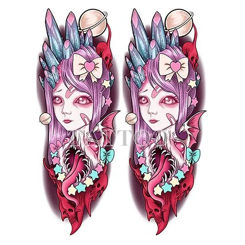 Japanese Devil Dark Sexy Pink Girl Big Size Color Arm Water Transfer Temporary Fake Tattoo Sticker For Men and Women