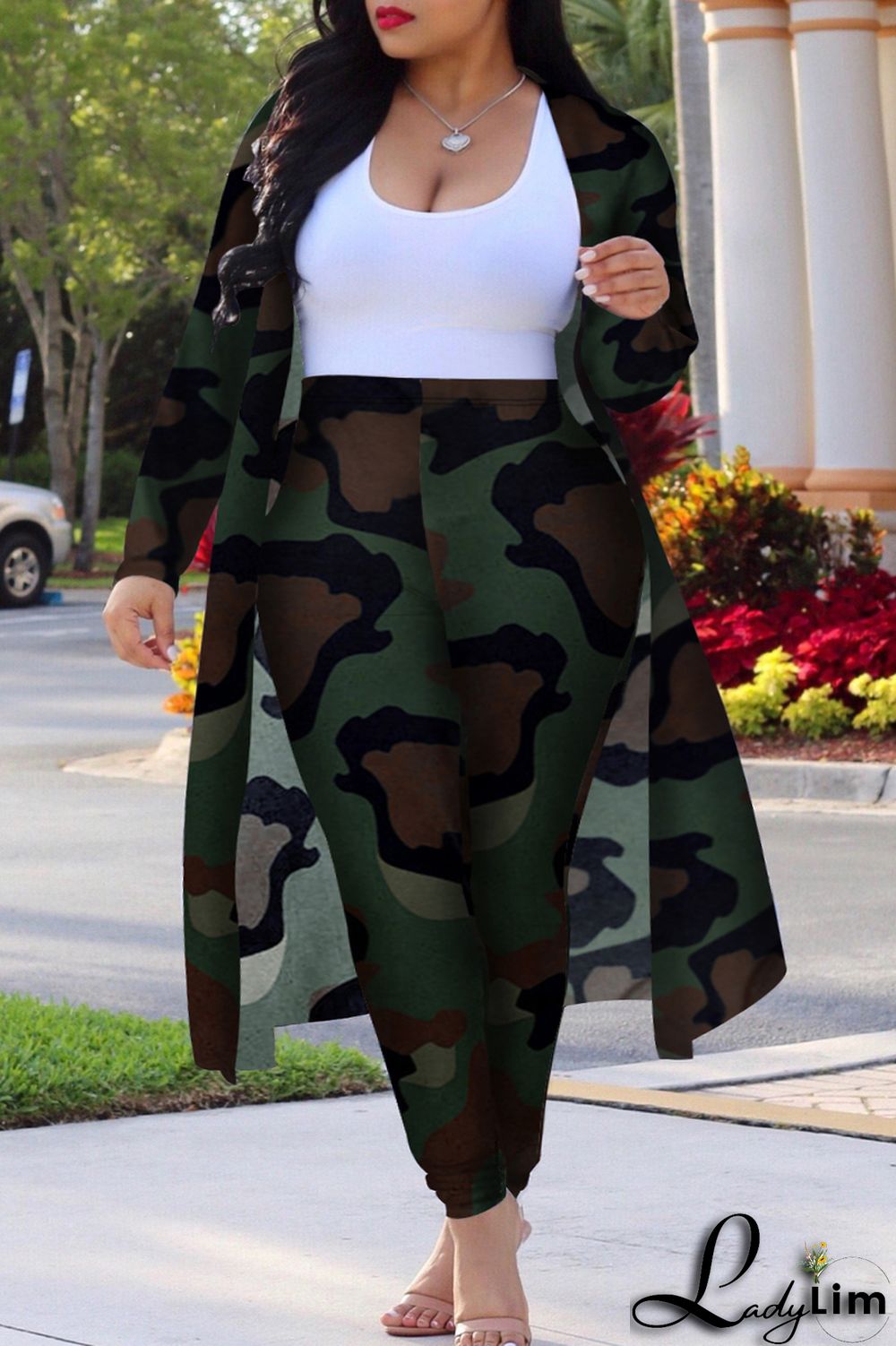 Camouflage Fashion Casual Street Vacation Print Printing cardigan Plus Size Two Pieces