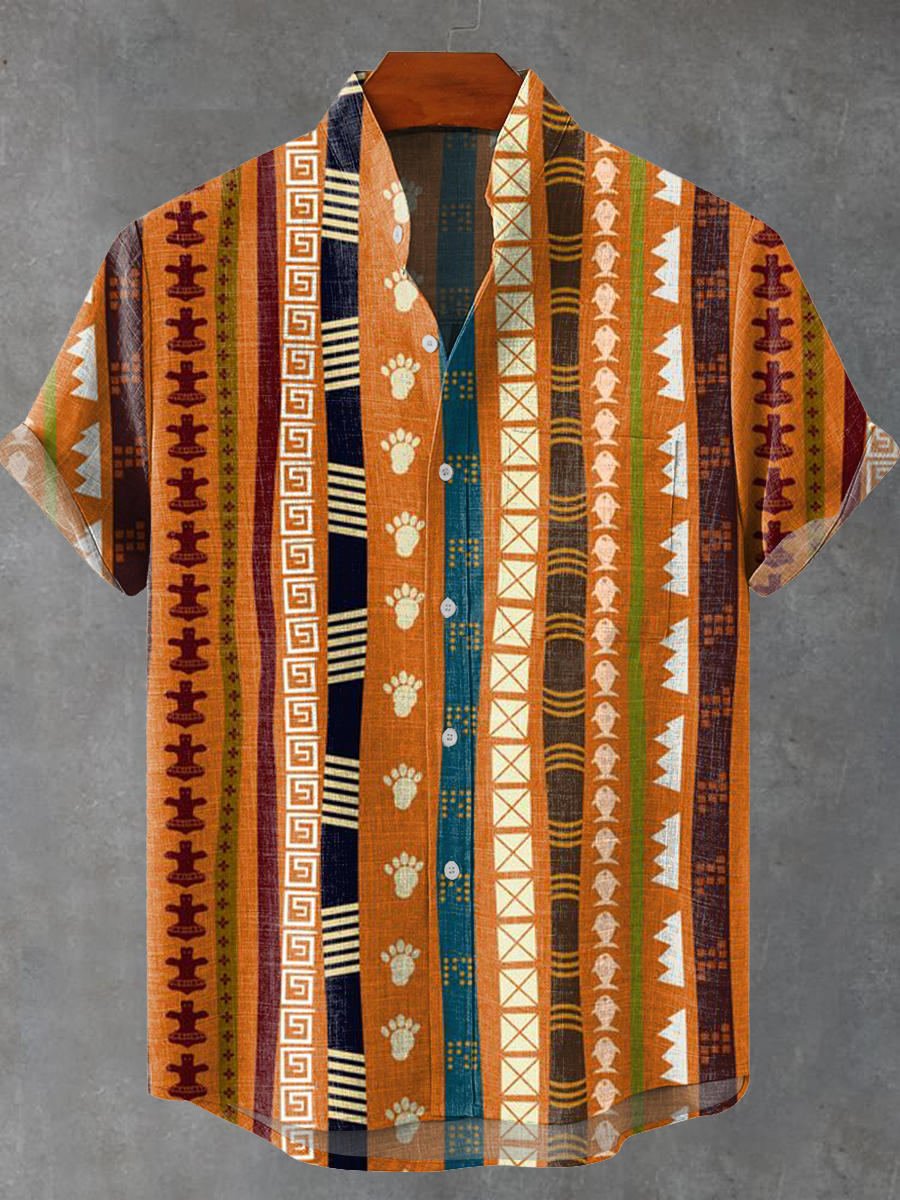 Vintage Abstract Diverse Geometry Stripe Totem Art Print Casual 100% Cotton Shirt