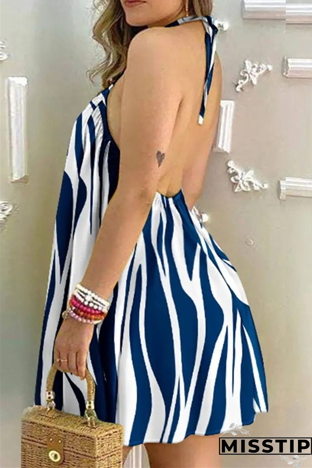 Gradient Color Fashion Casual Print Bandage Backless Halter Sleeveless Dress Dresses