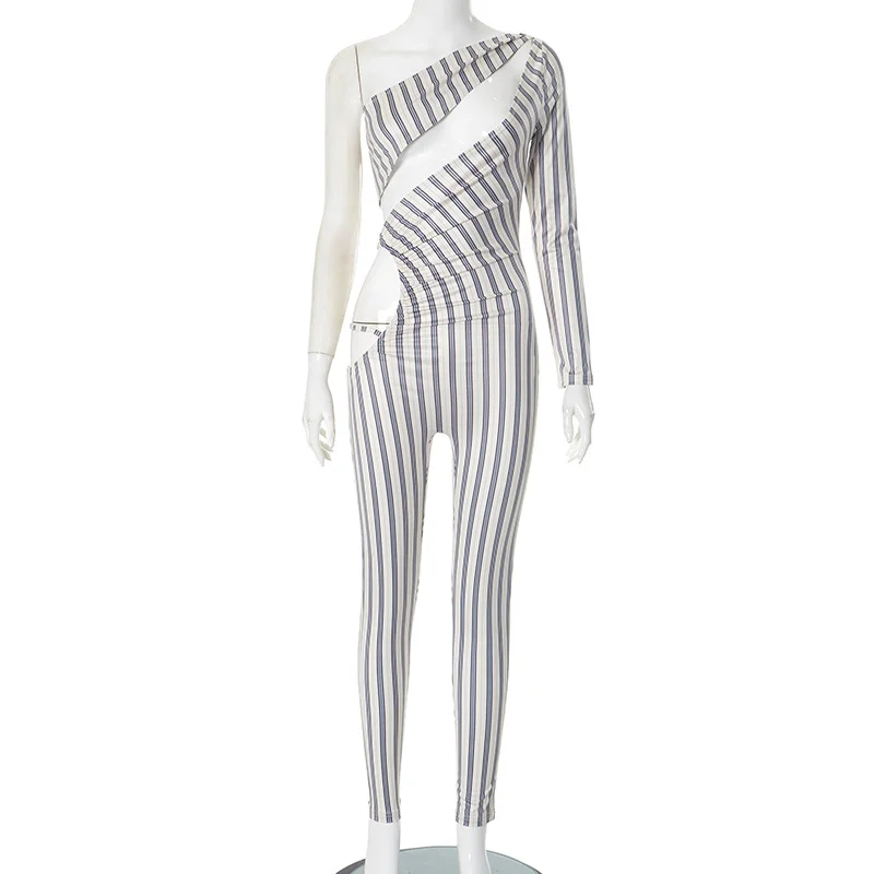 Uveng Uveng Women's Autumn And Winter Striped Print Sexy One-Shoulder Long-Sleeved Foot Jumpsuit