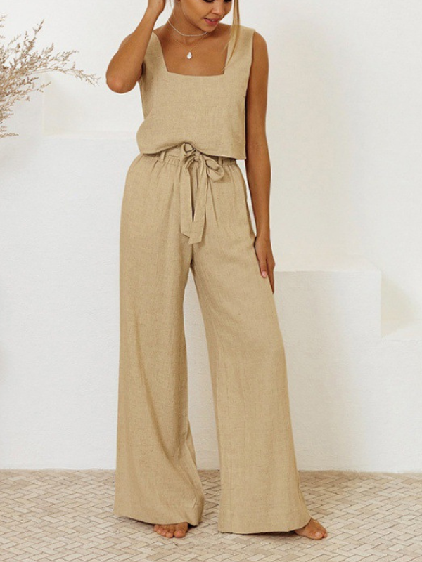 Women's Cotton Linen Daily Set U-Neck Sleeveless Top and Long Pant 2Piece Set