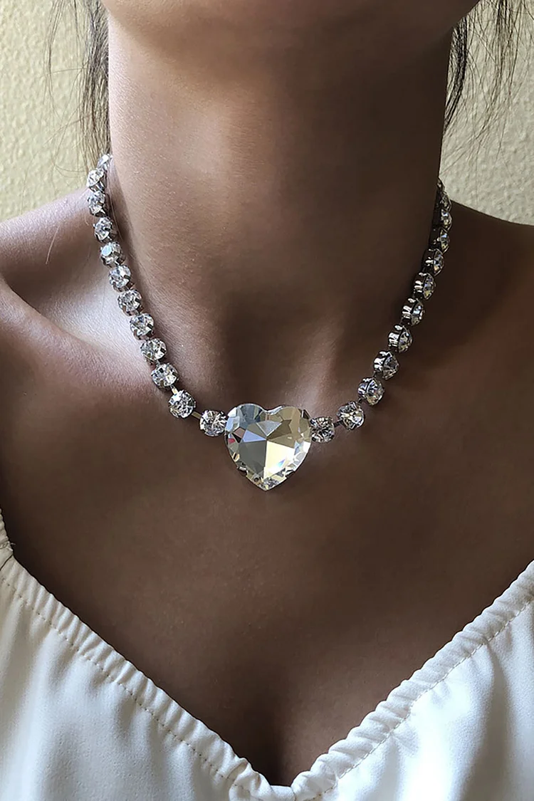 Heart Decor Rhinestone Chain Alloy Necklace